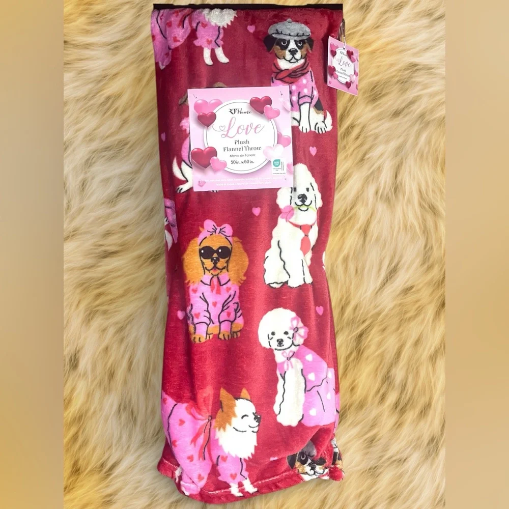Puppy Love Plush Flannel Throw Dogs Puppies Red w/ Multi Color Gift ~ 50x60 NWT